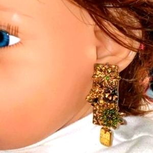 Festive Dangle Post Earrings, Faux Topaz, Peridot Stone & Gold Plate 4cm